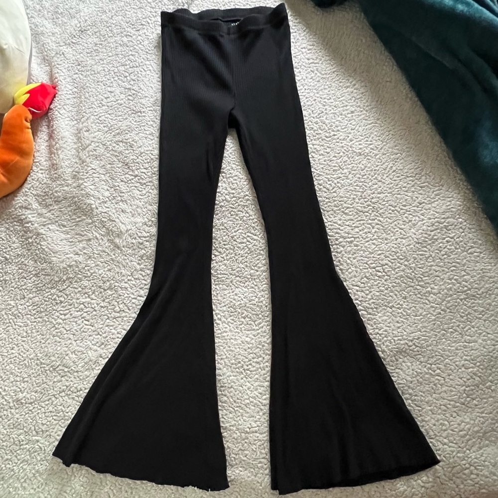 Black Flared Ribbed Knit Pants - Women's